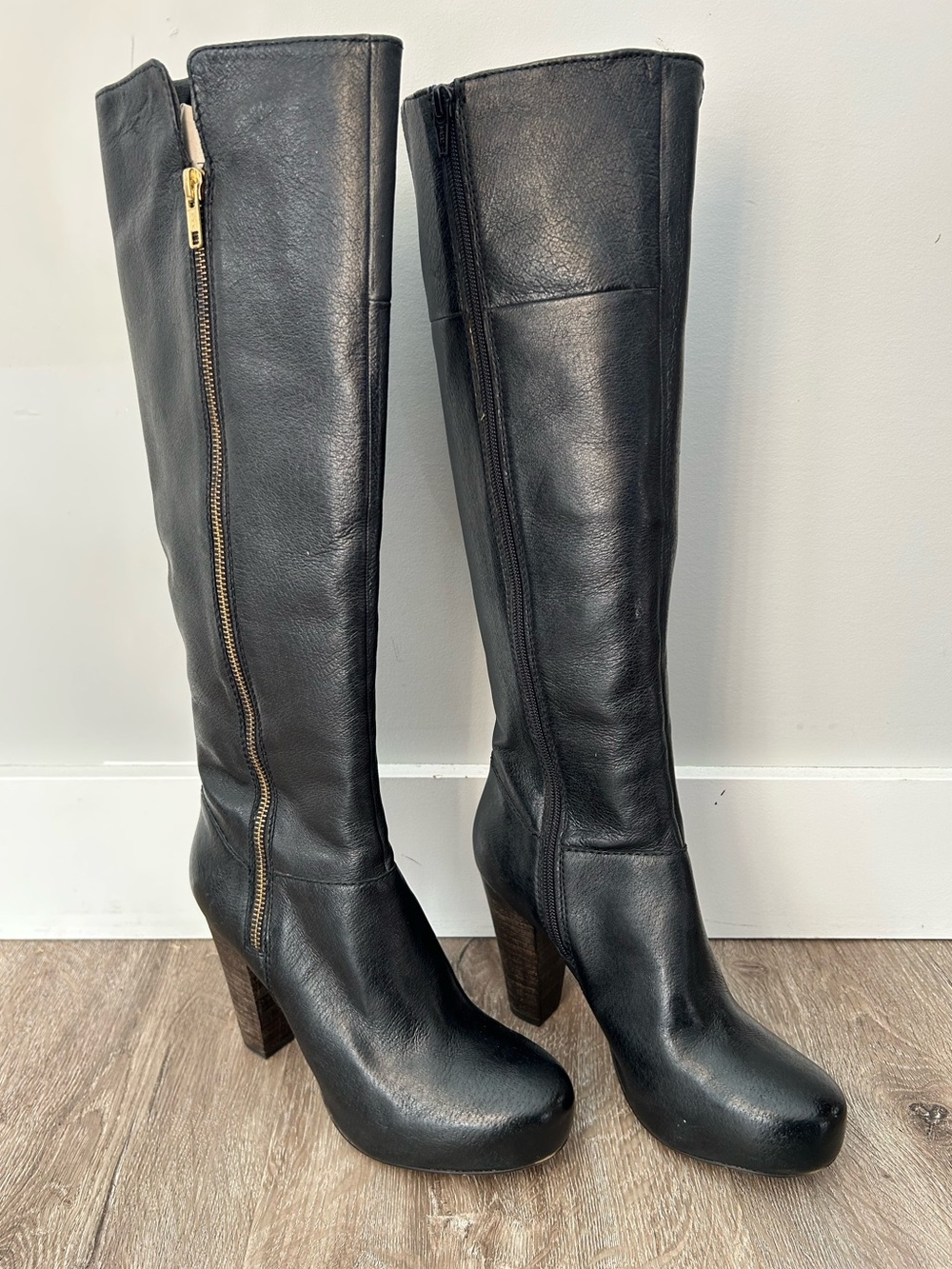 Black Leather Knee-High Block Heel Boots- Steve Madden